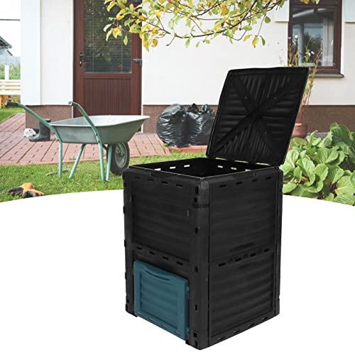 Contenedor de Abono Grande de 300 Litros de Capacidad para Contenedor de Abono para Jardín, Cubierta Superior con Bisagras, Caja de Abono para Exteriores con Ventilación para