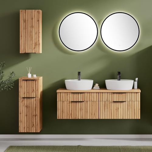 Lomadox Badmöbel Set 5-teilig inkl. Doppelwaschtisch 120cm in Eiche, Fronten gestreift | Aufsatzbecken weiß, Spiegel mit LED