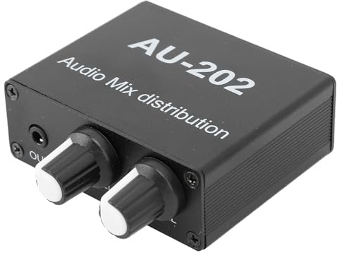 ASHATA 2 in 2 Out Stereo Audio Mixer, 2 Channel Low Noise, Independent Volume Control, 3.5mm Headphone Audio Splitter, Black