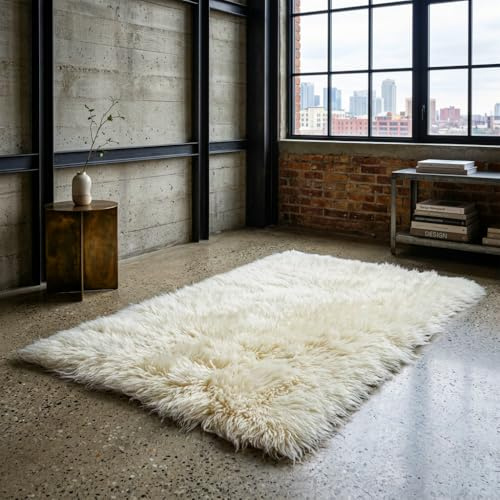 Stylish Super Thick 5x7 Flokati Rug. Long 3.5” Organic Wool Pile. Shaggy Natural Wool Area Rug.