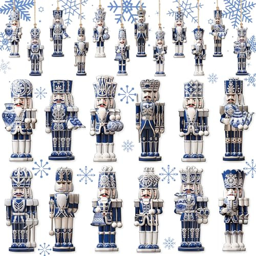 Barydat 36 Pcs Christmas Nutcracker Wooden Ornaments - Blue and White Porcelain Nutcracker Decor - Rustic Christmas Tree Decorations