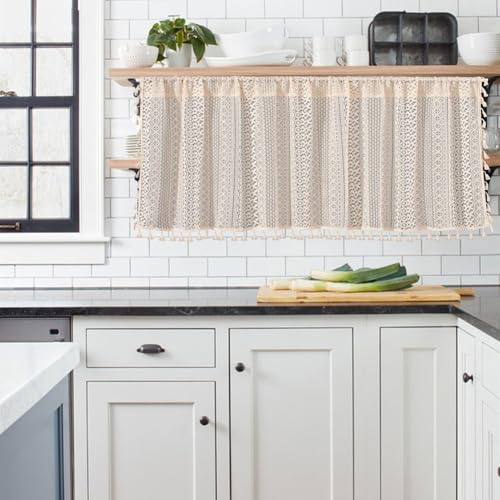 Cachpib Kurze Café-Vorhänge, Quaste, böhmische halbe Ebene, Küchenvorhang, Spitze, durchscheinende Vorhänge, kleine Fenstervorhang, Badezimmer, Fenster, Häkelvorhänge für Schrank, Heimdekoration, 150