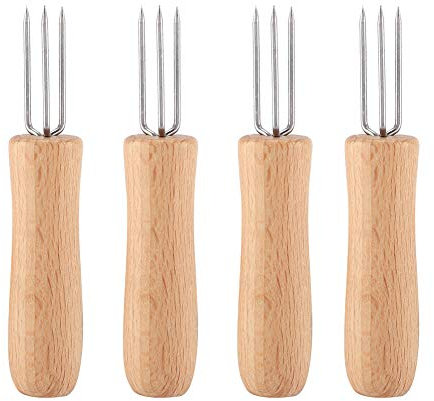 4 Soportes para Maíz de Acero Inoxidable, Soportes para Mazorcas de Maíz, de Madera para Barbacoa, Carne, Fruta, Tenedores, Barbacoa