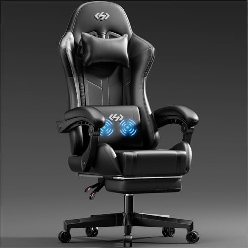 HLFURNIEU Sedia Gaming Massaggiante, Poltrona Gaming con Poggiapiedi e Cuscino Lombare Massaggiante, Sedia Gamer Regolabile in altezza, Schienale Regolabile 90°-135°, Portata 150kg (Nero)