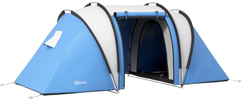 Outsunny Tienda de Campaña Familiar para 4-5 Personas Tienda de Acampada de Túnel Impermeable 3000 mm con 2 Dormitorios Bolsa de Transporte y Gancho para Pescar Senderismo Azul