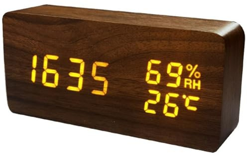 Hperu Digital Clock 6x3 Inch Wooden LED Clock with Thermometer & Hygrometer, USB Rechargeable, 3-Level Lighting, Sound Activated, 2000mAh Alarm for Home, Office, Desk
