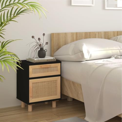 SDWEHO7 Nachtschrank mit 1 Schublade und 1 Fach, Nachttisch, Beistelltisch für Schlafzimmer/Wohnzimmer, Ablagetisch, Beistellschrank, Schwarz Massivholz Kiefer und Natur-Rattan