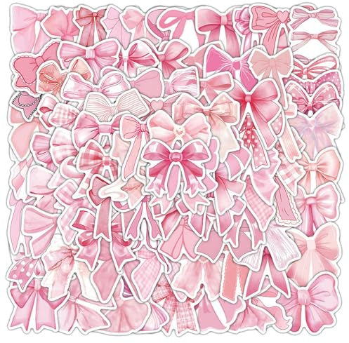 100 Pieces Pink Bow Stickers - Waterproof Cute Pink Coquette Vinyl Stickers - Coquette Bow Tie Aesthetic Sticker Packet - Decorative Sticker for Laptop, Water Bottle, Snowboards, Kids, Girls, Women