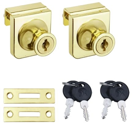 Glass Showcase Lock, Gold Rectangular, 1.38x1.26 Inch, 2 Sets | No Drill Installation, Key Different, Fits 0.2-0.3 Inch Glass, Zinc Alloy, For Display Cabinets Jewelry Cases