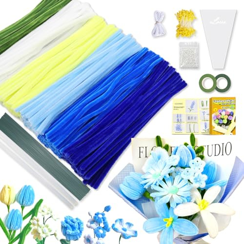 iDattel Pfeifenreiniger zum Basteln Set,500 Stück in 6 Farben Pfeifenputzer zum basteln,Pfeifenreiniger Blumen Mit Blumenstöcke,Klebebandrollen,Klebestifte,Anleitungen,Staubgefäße,Lidschatten（Blau）