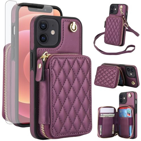 Phone Case for iPhone 12 Pro iPhone12 6.1 Wallet Cell Cover with Tempered Glass Screen Protector Wrist Crossbody Strap RFID Blocking Card Holder Slot iPhone12pro 5G i 12s 12pro Women Girls Dark Purple