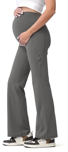 SUNNYBUY Dam sport gravidleggings ogenomskinliga yogabyxor för gravida kvinnor, bootcut, mammabyxor över magen, leggings med hög midja med fickor, GRÅ, M