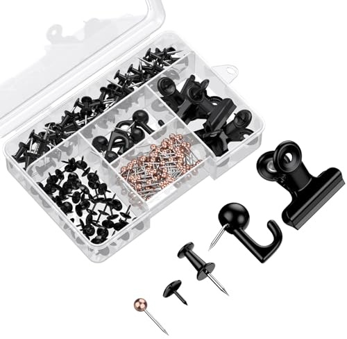 Uniclife 200 Stück Schwarze Reisszwecken Für Die Wand, 5 Verschiedene Arten Von Reißzwecken Für Korktafeln Und Pinnwände, Reißzweck Wandhaken Set Für Bilder Und Dekoration