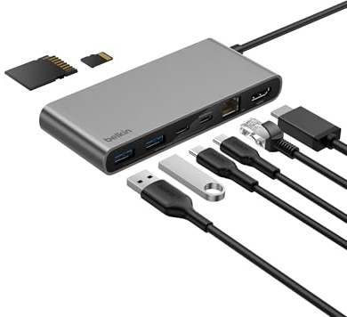 Belkin Connect 8-Port USB C Hub, Supports Display w/Resolutions up to 4K@60Hz - Works with Mac, Windows, and Chromebook - 100W PD w/ 10Gbps Data Transfer Speeds & 2.5Gbps Ethernet - Grey