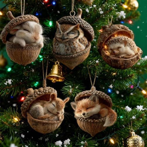 5STK Weihnachtsbaumschmuck Waldtier Eichels Ornamente, 2D Acryl Forests Animal Acorn Ornaments Niedliche Eicheln und Tannenzapfen Waldtiere Weihnachtsschmuck Anhänger für Kaminsims Wohnzimmer Fenster