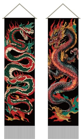 AHANDMAKER Packung Mit 2 Drachen Wandteppich Orientalisch Mysteriöse Wanddekoration Vertikaler Langer Wandteppich Mythologie Quasten Wandbehang Für Schlafzimmer Und Wohnzimmer 116x33cm