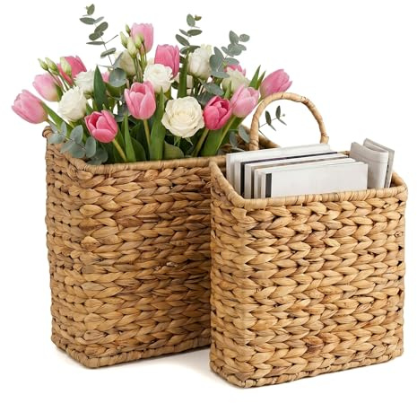 FRONDENT Wicker Hanging Storage Basket, 2 Pack Hanging Baskets Wall Planter, Woven Water Hyacinth Baskets, Storage Organizer Basket for Walls, Doors, Kitchen, Bathroom, Office, Cafés and Home Decor