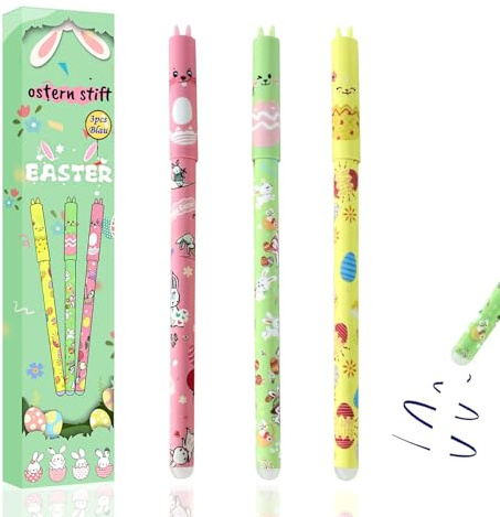 Flanliy Bolígrafo borrable edición de Pascua 2026, 3 bolígrafos de Pascua con conejo de Pascua y huevos de Pascua, punta de 0,5 mm, tinta azul para estudiantes, escuela, oficina (Pascua)