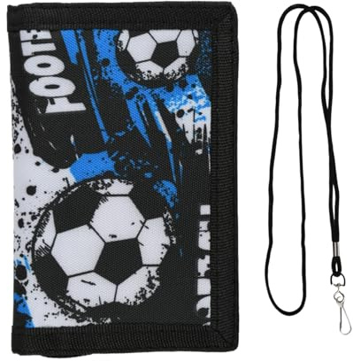 Daleweo Portafoglio Bambini Ragazzo Portafoglio Pieghevole con Laccetto per Collo per Bambini e Adolescenti, Design Sportivo Calcio, Tessuto Oxford Resistente, 24 x 12,2 cm