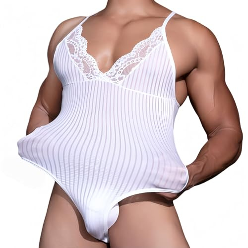 MANJIAMEI Herren Ärmelloser Leotard Body mit Spitzenbesatz, Transparent Gestreift Einteiler, Unterhemd, Herren Dessous Mesh Body, Party Clubwear Nachtwäsche