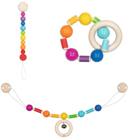 goki 6622 - Baby Greifspielzeug Set Regenbogen, 3-teilig mit Kinderwagenkette, Schnullerkette und Greifling, MADE IN GERMANY Geschenk zur Geburt, fördert Motorik und Greifreflex ab Geburt