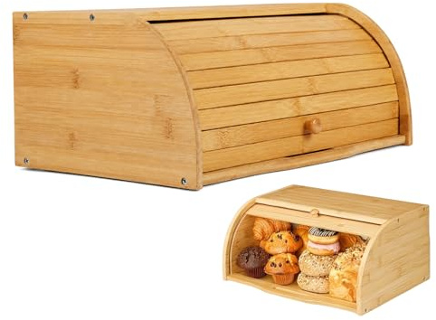 Caja de Pan de Bambú Grande con Tapa Enrollable,Panera de Madera | Contenedor Hermético para Pan Baguette Bollos,Almacenamiento de Alimentos para Cocina Encimera(40x27x18cm)