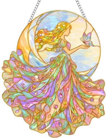 Fairy Sun Catchers for Windows, Stained Glass Style Suncatchers, Flower Fairy Hanging Garden Ornaments, Acrylic Window Hanging Decor for Garden, Balcony, Living Room
