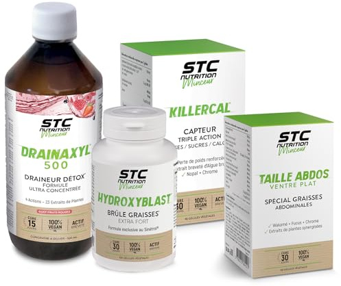 STC NUTRITION - Pack Contrôle du Poids - Drainaxyl® 500 Fruits Rouges + Hydroxyblast® + Killercal + Taille Abdos Ventre Plat - Brûle-Graisses Extra-Fort - Élimination & Drainage