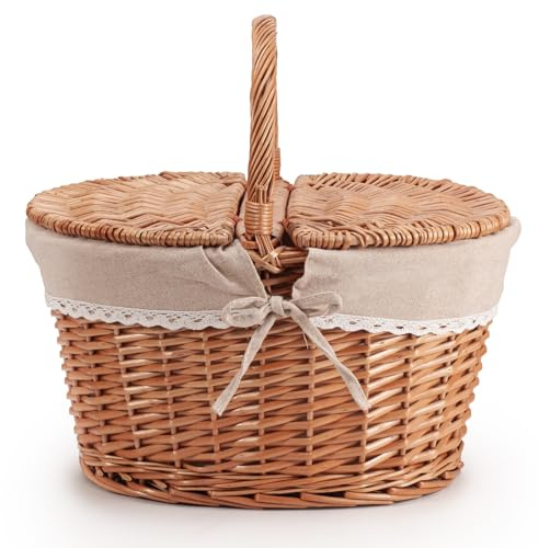Woodluv Oval Natural Willow Wicker Picnic Hamper Shopping Storage Basket W/Handle - 39.5cm x 30cm x 37.5(H) cm