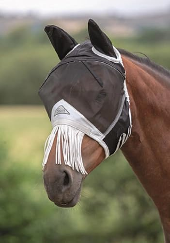 Shires Fine Mesh Horse/Pony Fly Mask With Nose Fringe, Black, UV Xsmall Ponyy, Black