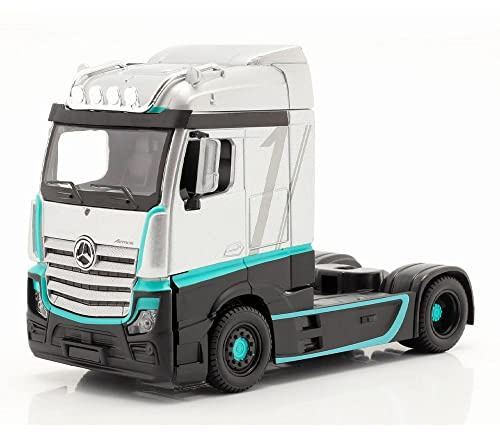 Bburago | Cabine de Camion Mercedes Benz Actros | Reproduction de Voiture Miniature à échelle 1/43 | Gris et Vert | Jouet pour Enfant à Collectionner | B18-32202