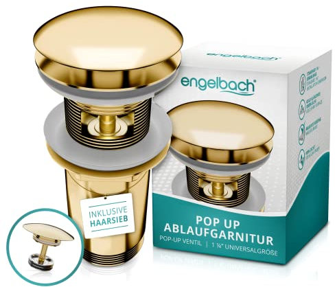 Engelbach® Universal Waschbecken Ablaufgarnitur - Pop up Ablaufventil mit und ohne Überlauf (Auch für Waschtische) Herausziehbarer Stöpsel mit Haarsieb - inklusive Einbauanleitung