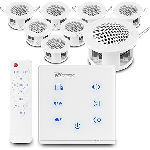 Power Dynamics Bluetooth Ceiling Speaker System A100W In-Wall Amplifier with 8x CSBA3L Small Ceiling Mount Speakers Home Audio Sound System for Kitchens, Bedrooms and Living Areas White