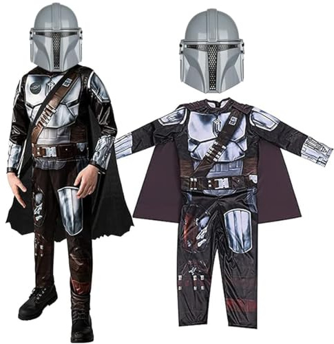 SINSEN Mandalorian Costume Kids Child Boys Mandalorian Half Face Mask Black Series Halloween Mandalorian Outfit Bodysuit with Cloak