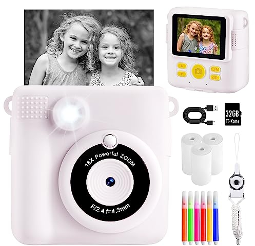 CHRERNA Kinderkamera Sofortbildkamera,1080P 2.4 Zoll Bildschirm Digitalkamera Kinder mit 32GB TF Karte,Druckpapier, Farbige Stifte,Geschenk für 3-12 Jahre Jungen und mädchen