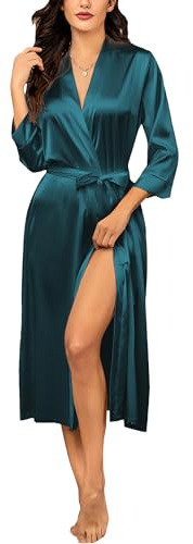 Ekouaer Lång kimono satin morgonrock för kvinnor med bälte, turkos, S