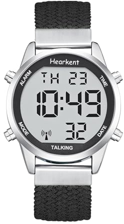 Hearkent Orologio parlante per ipovedenti, con voce tedesca, grande numero, facile da leggere, per anziani, orologio cieco, Nero nylon, cinghia