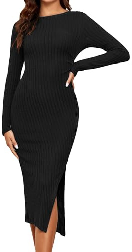 Famulily - Abito lungo elegante da donna, a maniche lunghe, con scollo tondo, in maglia a costine con spacco laterale, casual, per feste e matrimoni, S-XL, Nero , L