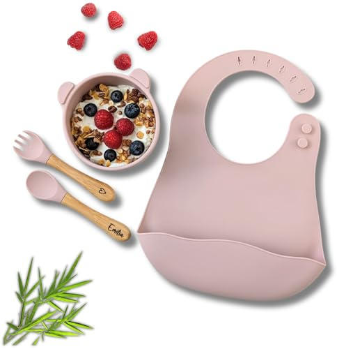 C|UTE – Kindergeschirr personalisiert mit Namen | Schüssel mit Saugnapf & Kinderbesteck (Esslernlöffel, Gabel) graviert | BPA-frei | Geschenk Babygeschirr ab 12 Monate (Rosa, Set mit Lätzchen)