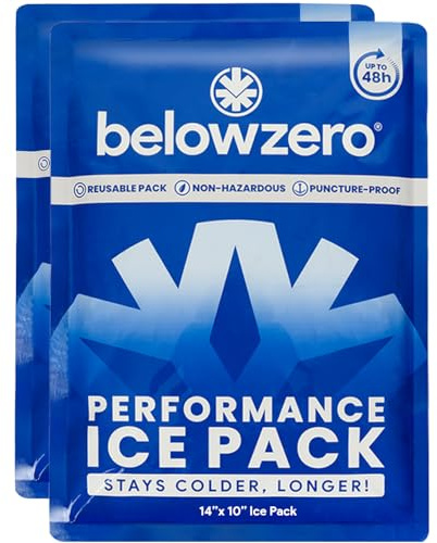 Below Zero Prefilled Reusable 48-Hour Ice Packs, Large 14x10, 2 Pack | Prefilled reusable freezer packs keep coolers cold for up to 48 hours. Leakproof for lunch bags, camping, picnics and travel.