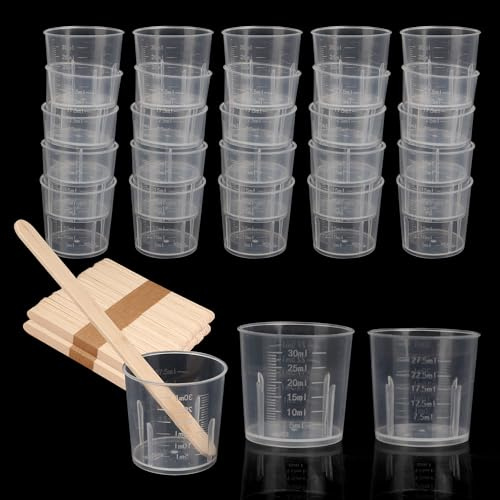 YKUKIZEE 100 PCS 30ML Small Plastic Resin Measuring Cup with Wood Stick | for Epoxy Stain Graduated, Clear Paint Mixing Cups