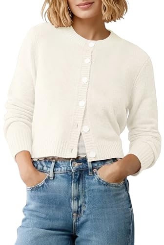EXCHIC Femmes Confortable Manches Longues Front Ouvert Court Cardigan Pull Coupe Slim Col Rond Boutonné Gilets(L, Blanc)