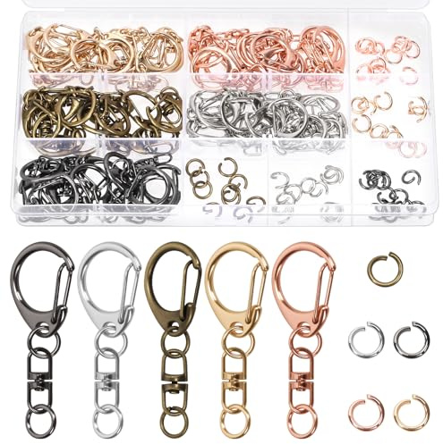 Swpeet Lot de 60 pièces 5 couleurs de fermoirs mousquetons avec anneaux de liaison, assortiment de fermoirs pivotants noir/argent/bronze/or/or rose, crochets de sangle pour porte-clés, crochets à