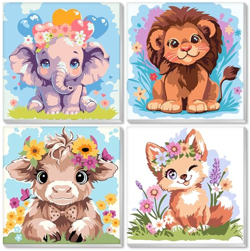 Nariolar 4 Pack Paint by Numbers Kit for Kids Ages 4-8 with 8X8 inch Pre-Printed Canvas,Acrylic Paint Pots and 6 Painting Brushes，Creative Gifts for Kids（Animal World