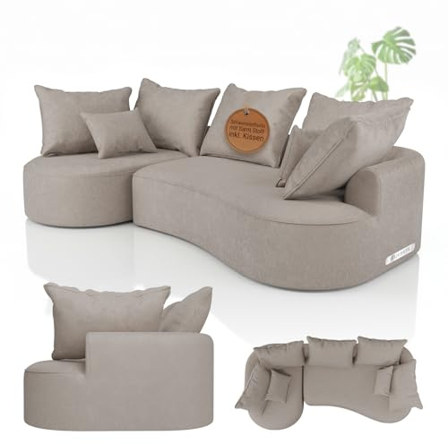 Juskys Sofa Tirano - Samt Beige, Ecksofa mit L-Form, mit Rücken- & Dekokissen, 4-Sitzer Eckcouch, Schaumstoff - Ottomane Links