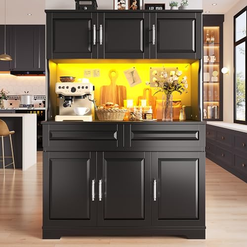 Armoires de Cuisine - 108 x 40 x 180 cm - Buffet avec éclairage LED - Buffet Haute avec 6 Portes et 2 Tiroirs - Étagères réglables - Espace de Rangement avec Plan de Travail pour Cuisine (Noir-6S)