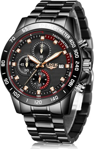 LIGE Montre Homme Chronographe Sport Étanche Acier Inoxydable d'affaires Mouvement Analogique à Quartz Noir Montres Bracelet pour Homme…