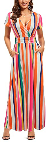 OUGES Femmes - Robe D'éTé DéContractéE à Col en V Et à Manches Courtes avec Motifs Floraux - Robe Extra Longue avec Poches(Floral-34,XXL)