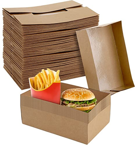 DEAYOU 50 Pack Paper Food Trays, 4 Corner Pop Up Kraft Food Containers, Greaseproof Paperboard Food Box Tray for Party, Disposable Foldable Brown Fast Food Holders for Stadium, Theater, Nacho