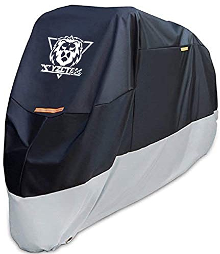 XYZCTEM Motorcycle Cover – All Season Black Waterproof Outdoor Protection – Fit for 87 inch Tour Bikes, Choppers and Cruisers – Protect Against Dust, Debris, Rain and Weather (Black& Silver)